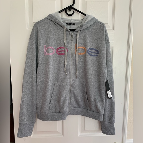 FINAL PRICE NWT Bebe Hoodie: Heather Gray Front Signature Logo Zipper Pockets L - Picture 1 of 9